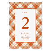 Numéro De Table Mariage Gingham Carreaux Orange Rustique Atténué (Dos)