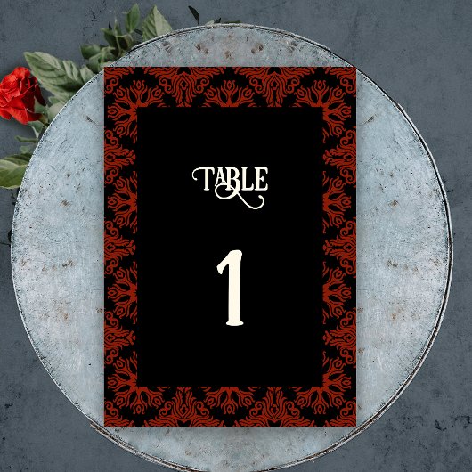Numéro De Table Mariage gothique floral noir et rouge