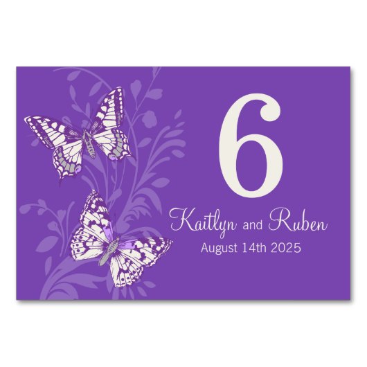 Numéro De Table Mariage graphique papillons nom date violet (Dos)