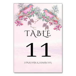 Numéro De Table Mariage hivernal à l'aquarelle Cônes de pin Oiseau