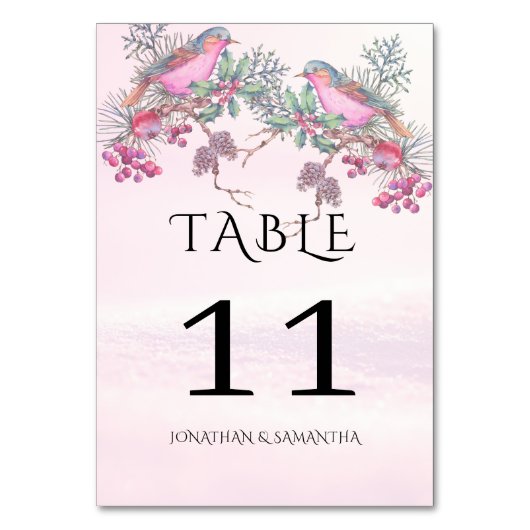 Numéro De Table Mariage hivernal à l'aquarelle Cônes de pin Oiseau (Dos)