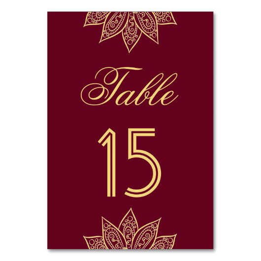Numéro De Table Mariage indien Burgundy Mehendi Henna Or (Dos)