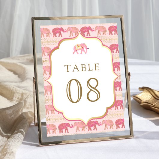 Numéro De Table Mariage indien Eléphant rose et or