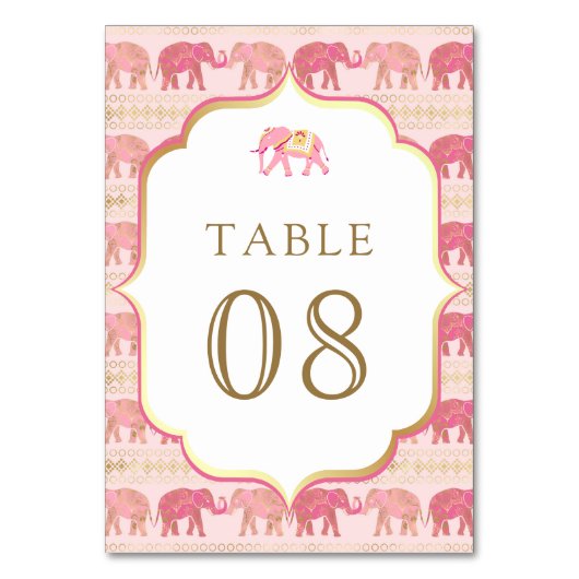 Numéro De Table Mariage indien Eléphant rose et or (Dos)