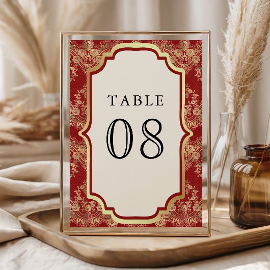 Numéro De Table Mariage indien Lace Or Rouge