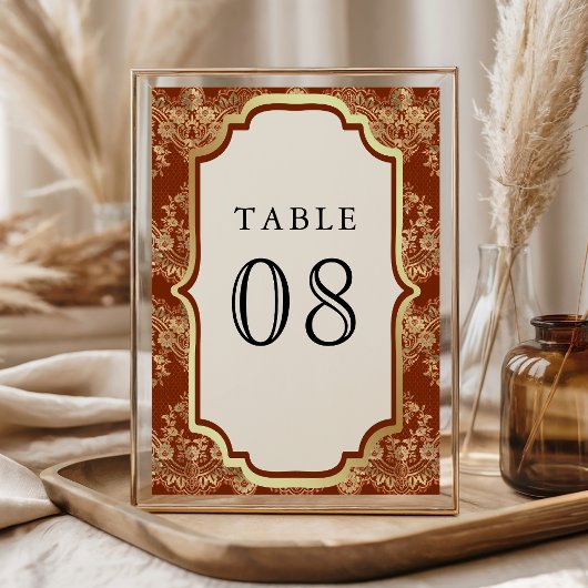 Numéro De Table Mariage indien Rust Orange Gold Lace