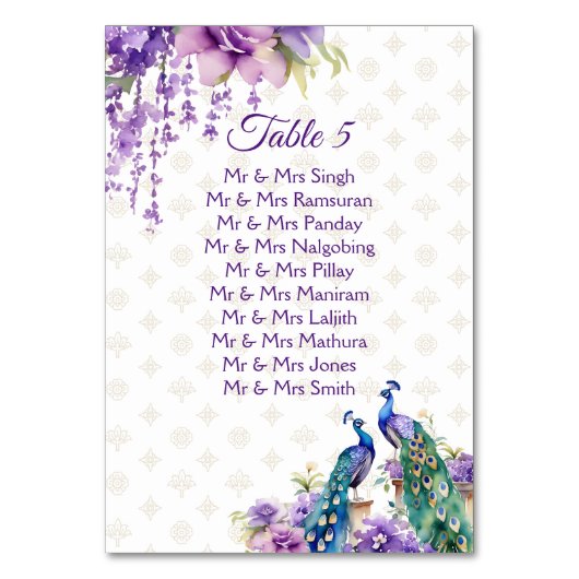 Numéro De Table Mariage indien violet de Peacock (Dos)