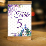 Numéro De Table Mariage indien violet de Peacock<br><div class="desc">Panneau de carte de numéro de table mariage indien Peacock et fleurs violettes. Deux beaux paons violet fleurs de jasmin glyteria pendants fleurons et guirlandes numéro de table carte</div>