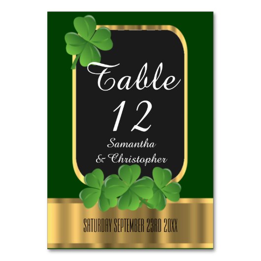 Numéro De Table Mariage irlandais vert, or et shamrock (Dos)