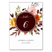 Numéro De Table Mariage Jardin d'Automne Aquarelle Bourgogne  (Dos)
