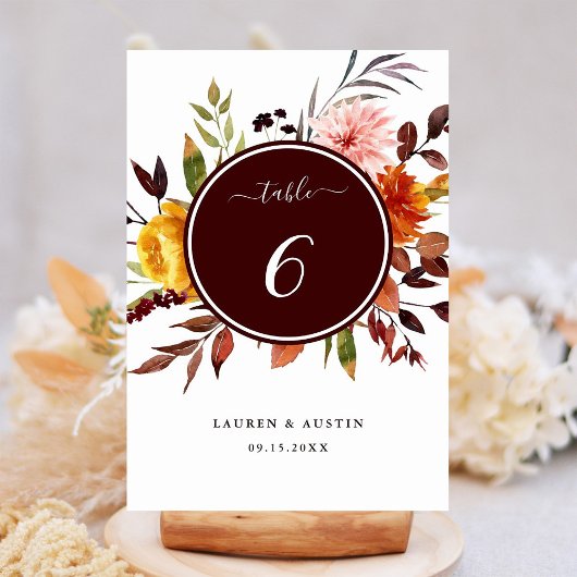 Numéro De Table Mariage Jardin d'Automne Aquarelle Bourgogne 