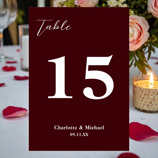 Numéro De Table Mariage minimaliste bordeaux profond