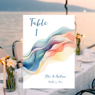 Numéro De Table Mariage Moderne Abstrait Vague de Couleur Bleu Bla