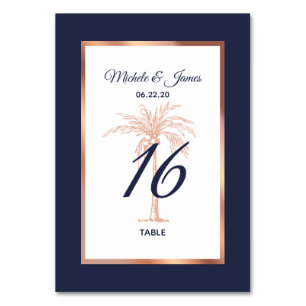 Numéro De Table Mariage Moderne Arbre à Palmes Or Rose Cuivre Navy