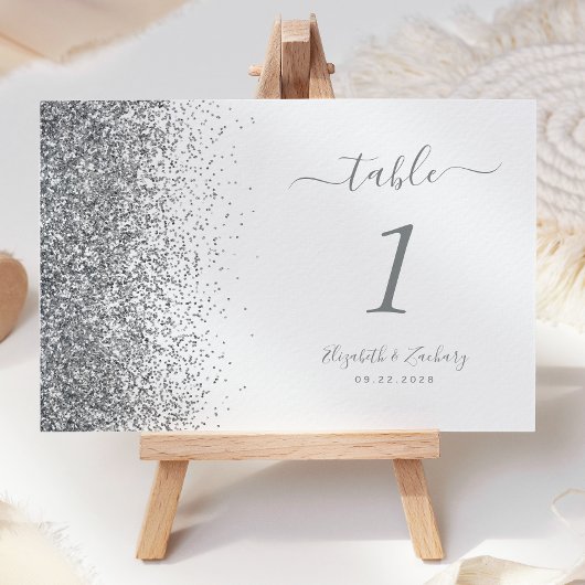 Numéro De Table Mariage Moderne avec Bordure Pailletée Argent Blan