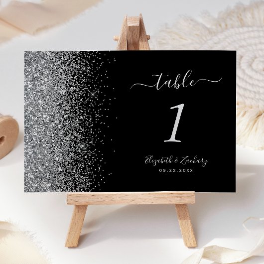 Numéro De Table Mariage Moderne Bordure Pailletée Noir Argent