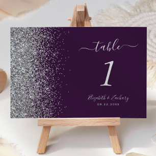 Numéro De Table Mariage Moderne Bordure Pailletée Violet Foncé Arg