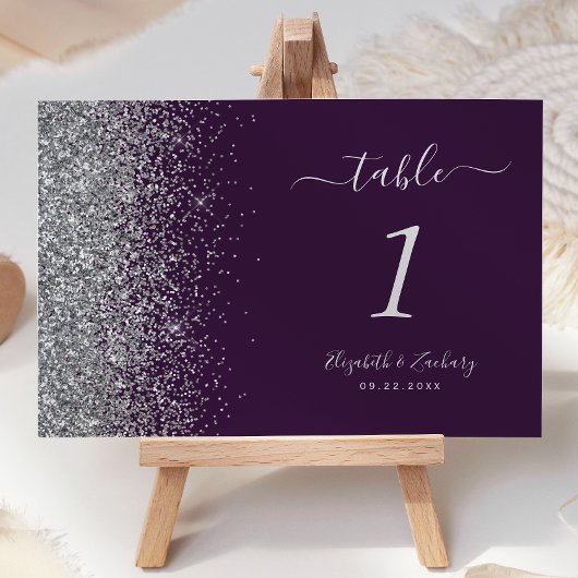 Numéro De Table Mariage Moderne Bordure Pailletée Violet Foncé Arg