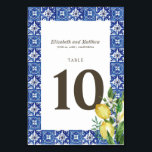 Numéro De Table Mariage moderne citron feuillage bleu méditerranée<br><div class="desc">Parfait pour les cartes de table encadrées. Composé de typographie serif et cursive. Le tout dans un décor aquarelle de tuiles espagnoles méditerranéennes bleues et blanches avec feuilles de feuillage verdoyant, citrons et plantes florales sauvages. Il est conçu par White Paper Birch Co., exclusif pour Zazzle. Disponible ici : http://www.zazzle.com/store/whitepaperbirch...</div>