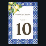 Numéro De Table Mariage moderne citron feuillage bleu méditerranée<br><div class="desc">Parfait pour les cartes de table encadrées. Composé de typographie serif et cursive. Le tout dans un décor aquarelle de tuiles espagnoles méditerranéennes bleues et blanches avec feuilles de feuillage verdoyant, citrons et plantes florales sauvages. Il est conçu par White Paper Birch Co., exclusif pour Zazzle. Disponible ici : http://www.zazzle.com/store/whitepaperbirch...</div>