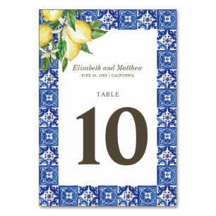 Numéro De Table Mariage moderne citron feuillage bleu méditerranée