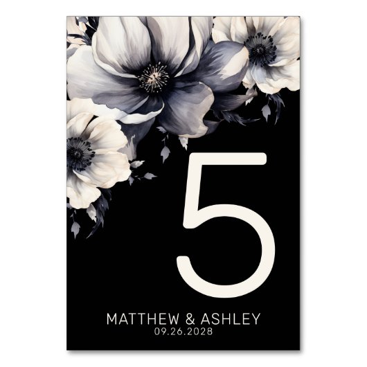 Numéro De Table Mariage moderne élégant noir floral (Dos)