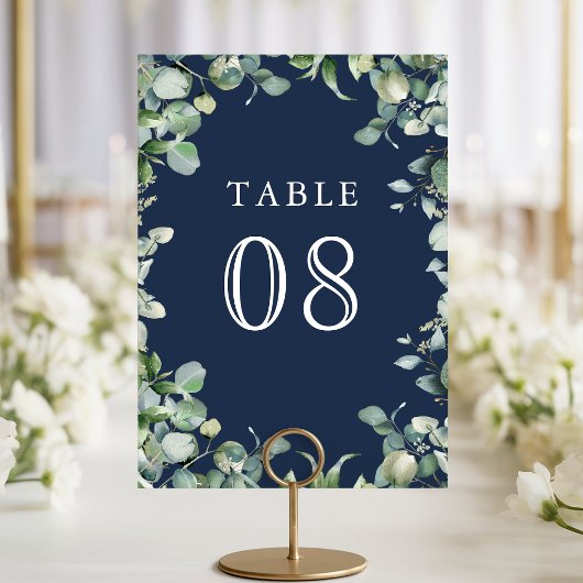 Numéro De Table Mariage Moderne Eucalyptus Verdure Bleu Marine