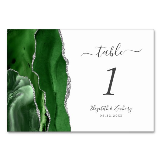 Numéro De Table Mariage moderne Hunter Green Silver Agate (Dos)