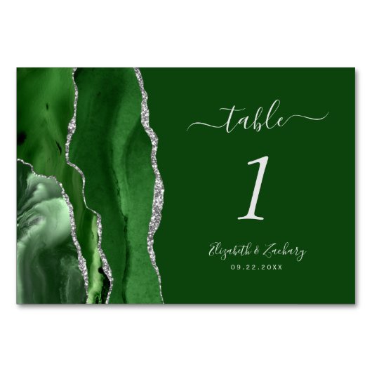 Numéro De Table Mariage moderne Hunter Green Silver Agate (Dos)