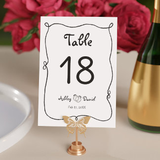 Numéro De Table Mariage Moderne Minimaliste Doodle Noir et Blanc