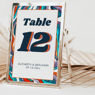 Numéro De Table Mariage Moderne Rétro Groovy Orange Brûlé Bleu