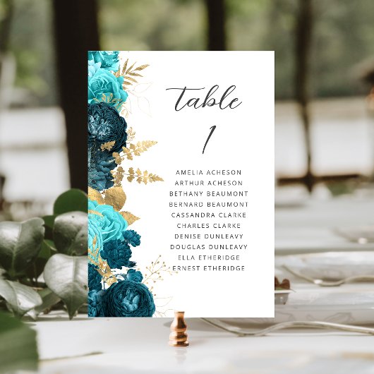 Numéro De Table Mariage Moderne Script Floral Or Aqua Sarcelle
