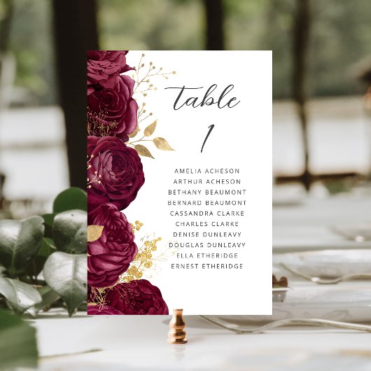 Numéro De Table Mariage Moderne Script Floral Or Bourgogne