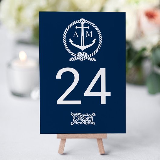 Numéro De Table Mariage Monogramme Ancre Bleu Marine Nautical