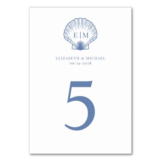 Numéro De Table Mariage Monogramme du Coastal Blue Seashell (Dos)