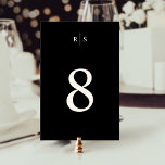 Numéro De Table Mariage Monogramme noir & écrin classique<br><div class="desc">Elégante carte de numéro de table de réception de mariage avec votre numéro de table en écru sur un arrière - plan noir, surmonté d'un simple monogramme en lettres serif traditionnelles, biscuits par une fine ligne verticale. Le design se répète à l'envers. Pour commander vos numéros de table, customisez votre...</div>