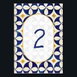 Numéro De Table Mariage Motif vintage bleu et jaune portugais<br><div class="desc">Ce design présente des motifs rustiques vintages en tuiles portugaises. Le texte mariage est élégamment encadré d'une forme d'arc ovale de couleur blanche et or. Unique Azulejo bleu, jaune et blanc géométrique mariage de table fleurie design avec des éléments modernes. Des invitations de mariage et d'autres articles de papeterie sont...</div>