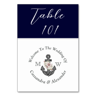 Numéro De Table Mariage nautique Bleu Blanc Floral Ancre