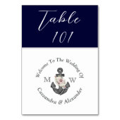 Numéro De Table Mariage nautique Bleu Blanc Floral Ancre (Dos)