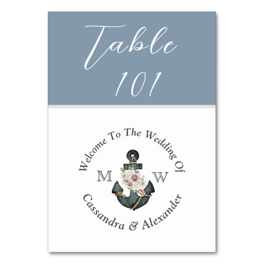 Numéro De Table Mariage nautique Dusty Blue Monogram Ancre florale (Par défaut)