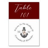 Numéro De Table Mariage nautique Maroon Red Floral Ancre (Dos)