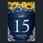 Numéro De Table Mariage Navy Blue Rustic Sunflowers<br><div class="desc">Rustic Navy Bleu Bois Chaîne de tournesol Lights dentelle Mariage Numéro de table Carte. (1) Veuillez customiser ce modèle un par un (par ex. du numéro 1 au xx), et ajouter chaque carte de numéro séparément à votre panier. (2) Pour plus de personnalisation, cliquez sur le lien "customiser plus loin"...</div>