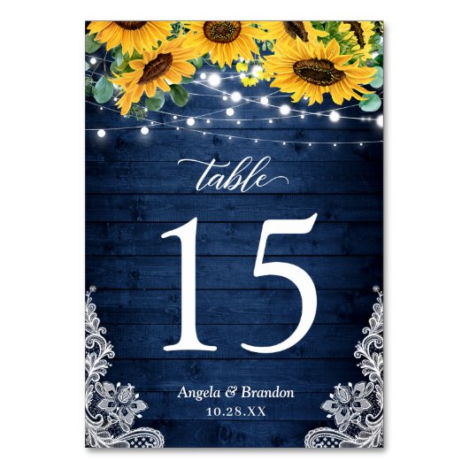 Numéro De Table Mariage Navy Blue Rustic Sunflowers (Dos)