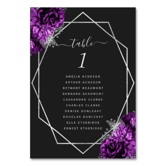 Numéro De Table Mariage noir à cadre géométrique en argent violet (Dos)