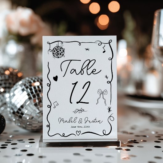 Numéro De Table Mariage noir blanc fantaisiste noir décontracté