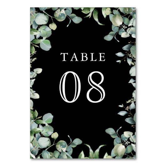 Numéro De Table Mariage Noir Moderne avec Verdure d'Eucalyptus (Par défaut)
