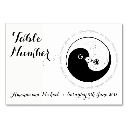 Numéro De Table MARIAGE NUMÉRO CARTE. b/w colombes YinYang (Dos)
