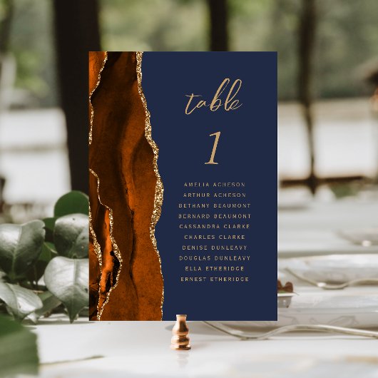 Numéro De Table Mariage Or Jaune Agate Bleu Marine Brûlé