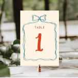 Numéro De Table Mariage Orange Bleu Retro Tiret main<br><div class="desc">Ils lient le noeud ! Célébrez en style avec nos numéros de table de mariages fantaisistes et décalés! Ce design présente une belle arête dessinée à la main dans un style amusant et ludique, accompagnée d'une police décontractée manuscrite qui saisit parfaitement l'excitation et la joie de l'occasion. Les numéros de...</div>