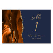 Numéro De Table Mariage Orange Brûlé Agate Or Script Bleu Nuit (Devant)